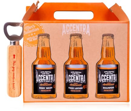 Accentra Geschenkset Sixpack Bier MEN'S COLLECTION für Männer, 6 x 100 ml Pflegeprodukte in Bierflaschen Optik mit Flaschenöffner, Geschenkbox im Kraftpapier Look für Geburtstag und Vatertag