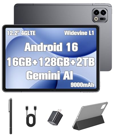 Ulefone TAb A12 Pro Tablet Android 16 12.2 Pulgadas 2.4K FHD Tablet, 16GB RAM + 128GB ROM/2TB 90Hz Tablet 5MP＋13MP 9000mAh 4GLTE/GPS/OTG/WiFi WideVine L1 Gemini AI （Estuche y bolígrafo incluidos）Gris