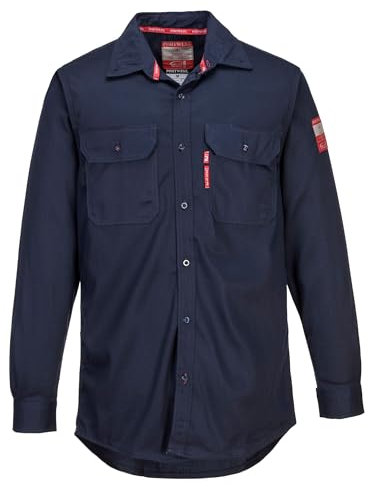 Portwest FR89 Bizflame 88/12 Lightweight FR Shirt Flame-Resistant ARC2 Protection CE Certified UV Resistant Durable Workwear Chest Pockets Adjustable Cuffs Breathable Fabric Comfortable Fit, Navy, 4XL