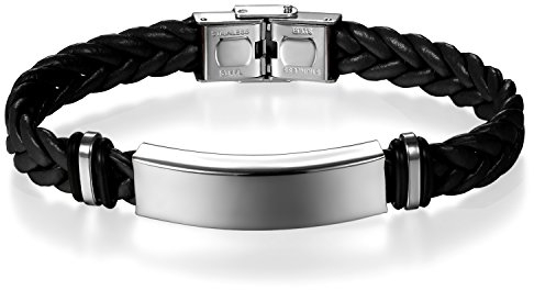 JewelryWe Schmuck Personalisierte Herren Damen Geflochten Leder Armband Armreif mit Edelstahl-Schild Lederarmband schwarz Gravur