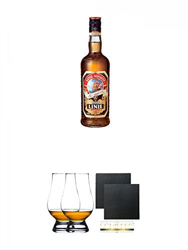 Linie Aquavit Norwegische Spezialität 1,0 Liter + The Glencairn Glas Stölzle 2 Stück + Schiefer Glasuntersetzer eckig ca. 9,5 cm Ø 2 Stück