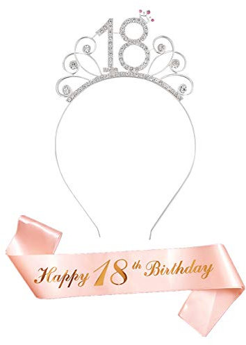 REYOK Rose Gold Happy 18 Birthday Geburtstag Schärpe 18 Krone Haarreif Tiara Stirnband für 18. Geburtstag mädchen Party Deko Accessoires Geschenk