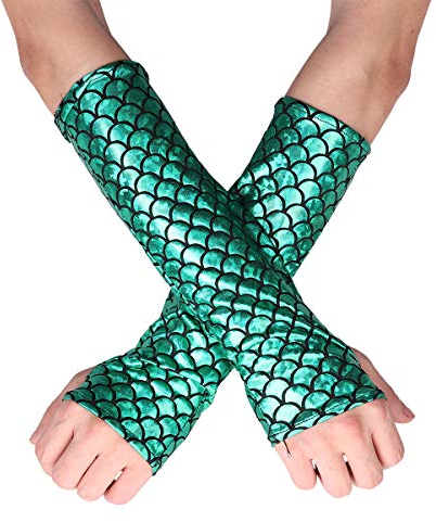CHICTRY Damen Meerjungfrau Handschuhe Fingerlos Armstulpen mit Fischschuppe Stulpenhandschuhe für Clubwear Party Fasching Weihnachten Kostüm Grün A One Size