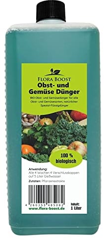 Konfitee Obst und Gemüse Dünger Flora Boost 1000ml I Für bis zu 200L Gießwasser I Dünger für alle Obst & Gemüse Pflanzen I Flüssiger Blatt- & Wurzeldünger I 100% natürlicher Pflanzendünger