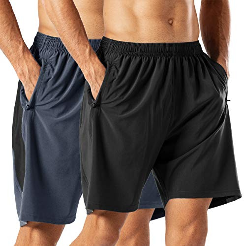 HMIYA Men's Casual Sports Quick Dry Workout Running or Gym Training Short with Zipper Pockets(Black and Grey,S)