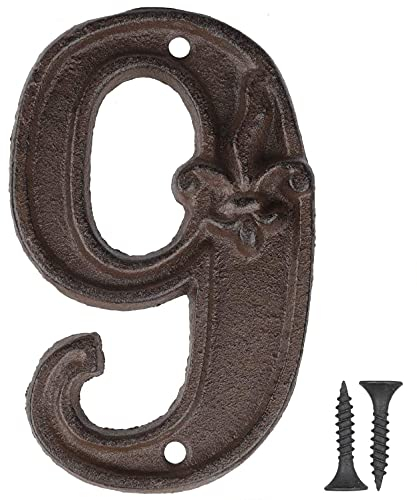 Vandicka Numéro de Maison en Métal 9, Numéro de Porte, Numéro D'adresse, Numéro de Boîte aux Lettres - Style Vintage, Rustique Marron Vieilli Finition avec Fleur de Lis Gaufrée, Hauteur 117 mm