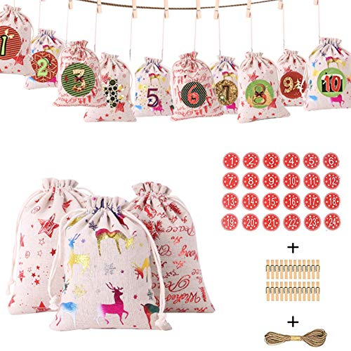 24 Stücke Weihnachten Adventskalender Zum Befüllen Stoff Jutesäckchen Adventskalender 2020 für Kinder Männer Frauen Stoffbeutel Adventskalender Zum Befüllen Groß Geschenktüten Tüten (Rot, 24 pcs)