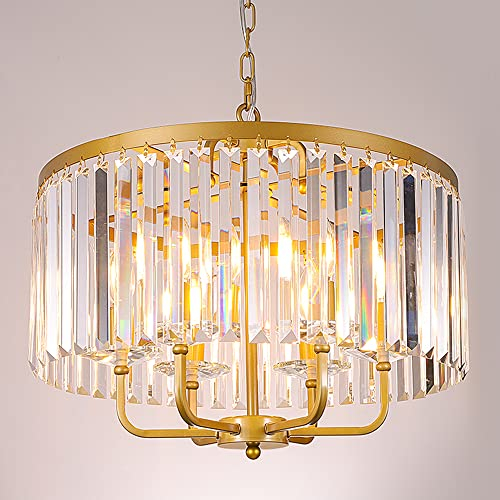 Wellmet Antik-Gold Kristall Kronleuchter Pendelleuchte Esstisch Modern Deckenleuchte 6-Licht Ø52cm Kerze Kristallleuchter Rund Hängeleuchte Deckenlampe Beleuchtung Wohnzimmer Küche Treppenhaus