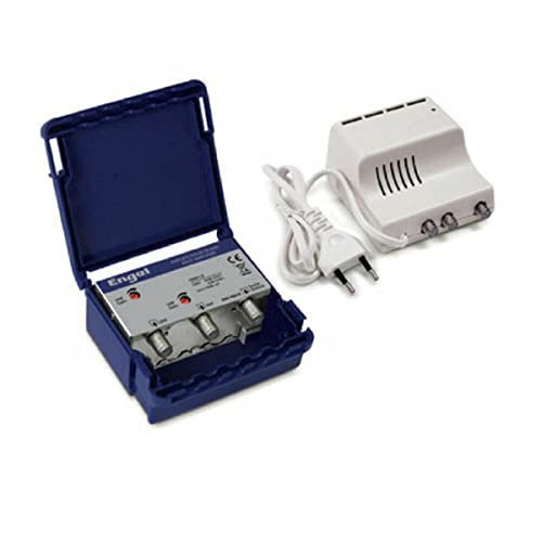 Engel AM6212K5 Kit Amplificador de Mástil 2 Entradas UHF VHF 40dB 25dB con Fuente de Alimentación 24V Filtro LTE 5G Alta ganancia Resistente para instalación exterior