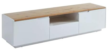 Vente-unique-Mueble TV Amani - 2 Puertas y 1 cajón - MDF Lacado Blanco - Color: Blanco y Roble