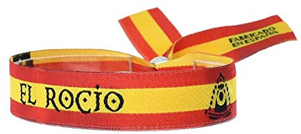 BDM Pulsera de hombre o mujer de tela con la Virgen del Rocío y bandera de España. Ajustable a cualquier medida.