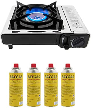 Clearfee Edelstahl Deluxe Gaskocher Set | tragbarer Campingkocher | Gaskartuschen Kocher | Gaskocher Set (Gaskocher + 4x Gaskartuschen)