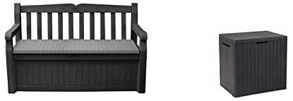 Keter Eden Bench Outdoor Storage Box Garden Furniture, Graphite and Grey, 132.5L x 75W x 18.5H cm & City Outdoor Storage Box Garden Furniture 57.8 x 44 x 55 cm - Dark Grey