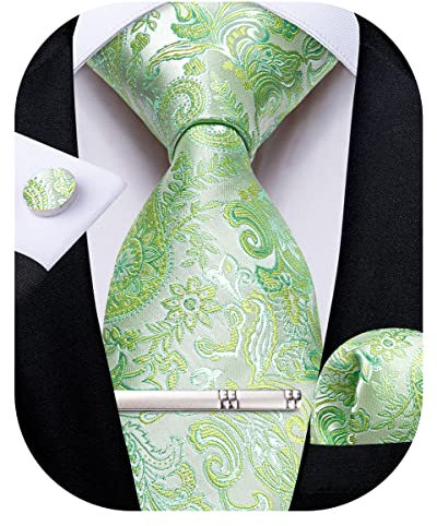 DiBanGu Cravate en soie tissée pour homme avec boutons de manchette carrés et pince à cravate pour mariage et affaires, vert clair, taille unique