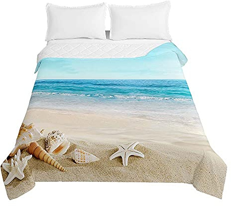Surwin Tagesdecke Bettüberwurf Steppdecke für Doppelbett Einzelbett, Mikrofaser Wattiert Gesteppt Bettdecke Sommer Dünne Tagesdecken mit Ultraschall Genäht (200x230cm,Strandmuscheln)