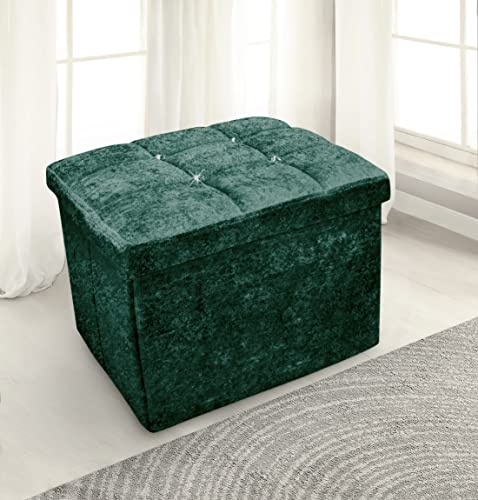 Home Republic Storage Ottoman, Padded Foldable Bench, Chest with Lid, Perfect for Bedroom, Hallway, Living Room (Crushed Velvet Emerald Green, 38x38cms)