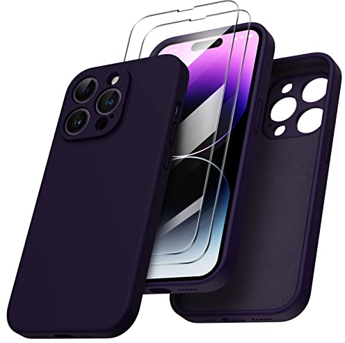 ORNARTO kompatibel mit iPhone 14 Pro Hülle 6,1 Zoll 2022, mit 2 x Screen Schutzfolien flüssigem Silikon Gel Ruber Case Rundumschutz Stoßfeste Handyhülle Dunkelviolett