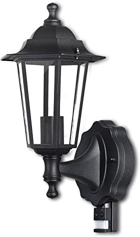 EXTRASTAR Outdoor 6 Sided Black Wall Lantern Security Light with PIR Motion Sensor Traditional Style Wall Light IP44 with E27 Screw Socket(Bulb not Included)
