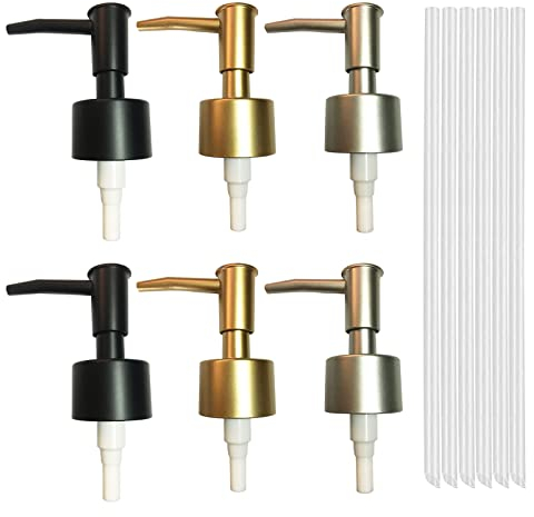 XTUDOU 6 Stück Seifenspender Pumpkopf, Seifenpumpe Kunststoff mit Rohr Seifenpumpe für 25 mm Gewinde Flasche Seifenspender für Küche, Badezimmer, Hotels (Gold/Silber/Schwarz)