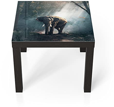 DEQORI Glastisch | schwarz klein 55x55 cm | Motiv Elefant im Wald | ausgefallener Beistelltisch aus Glas | Hochglanz Couchtisch fürs Wohnzimmer | moderner Couch Tisch mit Design
