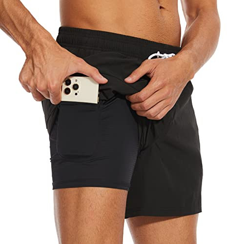Arcweg Herren Badehose Badeshorts mit Kompression Liner 2 in 1 lässige Swim Shorts Kurz 5.5 Schnelltrocknend Boardshorts Strandshort mit Reißverschlusstasche Schwarz 2XL（EU）