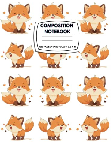 Composition Notebook: Cute Cartoon Foxes Pattern, Kawaii Fox Composition Book, Wide Ruled Lined Paper ,Large Print Composition book 8.5 x 11, 120 Pages.