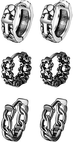 Flongo 3 Paare Damen Creolen Ohrringe Set silber mit Kreuz verdreht Knoten klein Hoop Huggie Ohrstecker Twist Knot Kette Gothic Ohrschmuck punk earrings für Herren Mädchen Frauen Edelstahl
