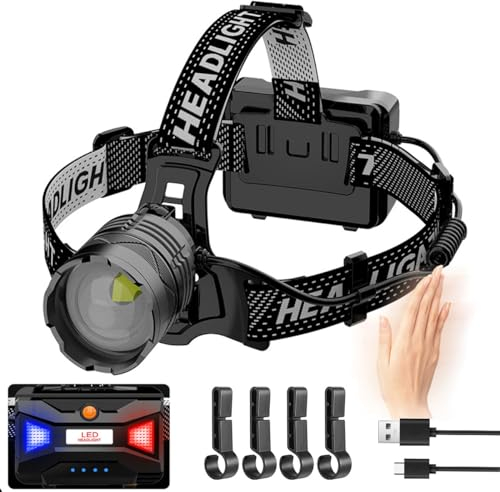 WholeFire Wiederaufladbare LED Kopflampe 20000 Lumen, Superhelle Stirnlampe mit 3 Lichtmodi & Bewegungsmelder, 90° Einstellbar & Wasserdicht Kopflampe für Camping, Laufen, Wandern
