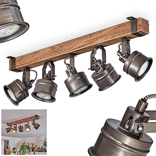 Deckenleuchte Pehefito, moderne Deckenlampe aus Holz/Metall in Braun/Schwarz, Deckenleuchte im Industrial-Design mit Holzbalken und verstellbaren Schirmen, 5-flammig, 5 x GU10, ohne Leuchtmittel