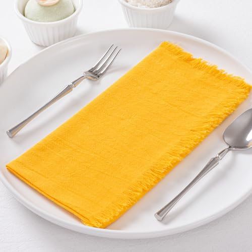 DeZerlor 12 Stück goldene Baumwoll-Leinen-Servietten mit Fransen, Weihnachts-Servietten, Stoff-Set, 12 Stück, Boho, handgefertigte Dinner-Servietten, Großpackung für Hochzeit, Winter, Weihnachten,