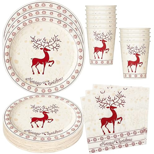 JAHEMU Stoviglie per Feste di Natale forniture per feste di Natale Renna Piatto Bicchiere Tovaglioli per Natale Anniversari Vacanze 10 Ospit