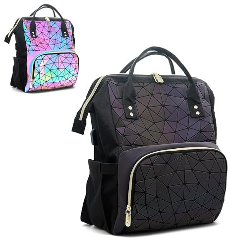 CAFINY Geometrische Rucksack Geometrischer Tasche Damen Geometrisches Muster Holografische Damentaschen Taschen Leuchtend Damenrucksack Holografischer Laptop Daypack für Freizeit, College, Arbeit