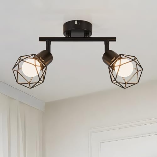FORCOSO Deckenstrahler Schwarz 2 Flammig - Schwenkbar Vintage LED Deckenleuchte E14 Deckenlampe Küche Strahler Wandleuchte für Innen für Wohnzimmer Schlafzimmer Flur(NO Glühbirne)