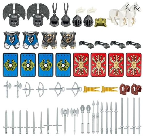 YLtremker Mittelalterliche Krieg Pferde Bausteine mit Waffenpaket, 57Teile Custom Krieg Pferde Helme Waffen Modell Spielzeug für Minifiguren