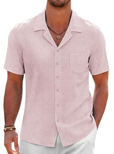 COOFANDY Mens Short Sleeved Shirts Summer Beach Shirt Cuban Collar Shirts Holiday Shirt Hawaiian Dark Pink XL