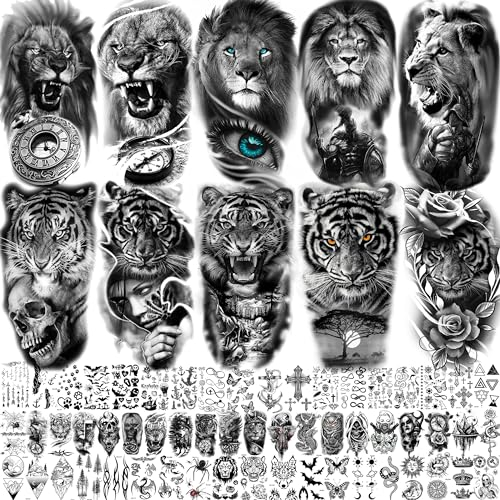 IORIKYO 67 Blatt 3D Löwe Tiger Temporäre Tattoos Herren Damen Klebetattoos Erwachsene, Gladiator Krieger Kompass Fake Tattoos Zum Aufkleben Frauen Männer, Halloween Schwarz Klebe Tattoo Aufkleber