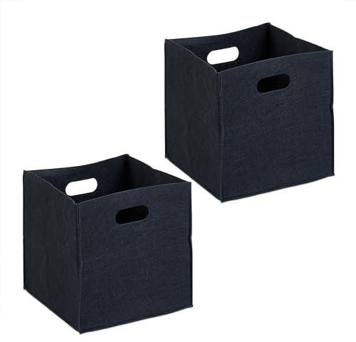 Relaxdays Aufbewahrungsbox 2er Set, Faltbare Regalboxen, HBT: 30 x 30 x 30 cm, Grifflöcher, Faltboxen aus Filz, schwarz