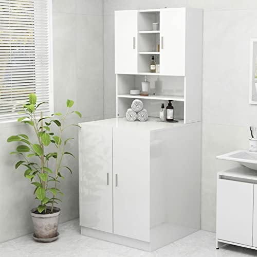 Tidyard Washing Machine Cabinet Drum Washing Machine Storage Cabinet Bathroom Laundry Storage Organiser Cupboard High Gloss White 70.5x25.5x90 cm