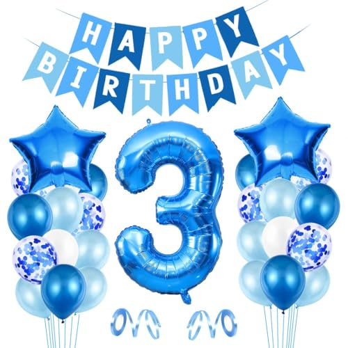 Luftballon 3. Geburtstag Blau - Happy Birthday Folienballon - Riesen Folienballon Zahl 3 - Ballon Deko - Geburtstagsdeko Jungen 3 Jahr