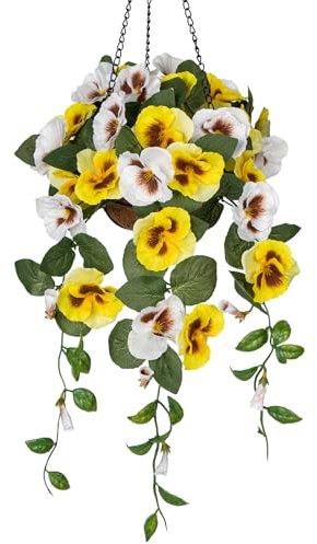 Hollyone 17.7 Hanging Basket Artificial Flowers Outdoor, Silk Pansies Yellow and White Fake Flowers, Balcony Accessories Home Decorations for Garden, Front Door