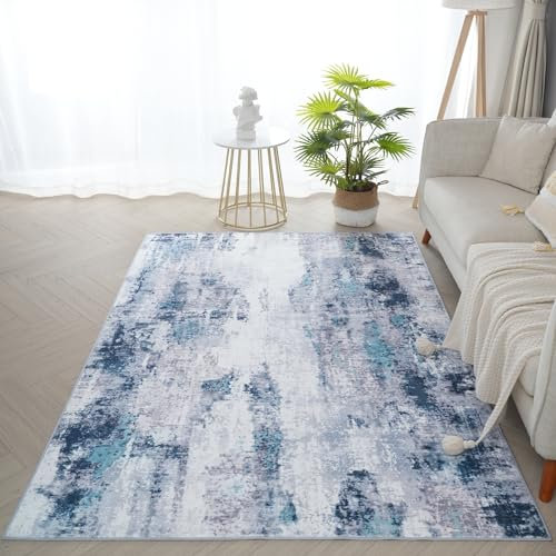 Xfrog Abstrakter Teppich, Moderner Waschbarer Teppich für Wohnzimmer, Kurzflor Teppich Wohnzimmer Modern Flächenteppich für Schlafzimmer, Kinderzimmer Blau 200x300CM
