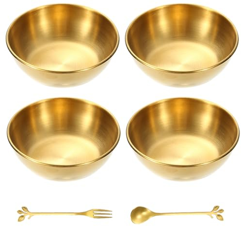 GIONAR 4 Pcs Stainless Steel Dipping Bowls Set, Gold Sauce Tapas Plates with Spoon and Fork, Small Round Seasoning Dish Appetizer Serving Dish for Kitchen Home Restaurant