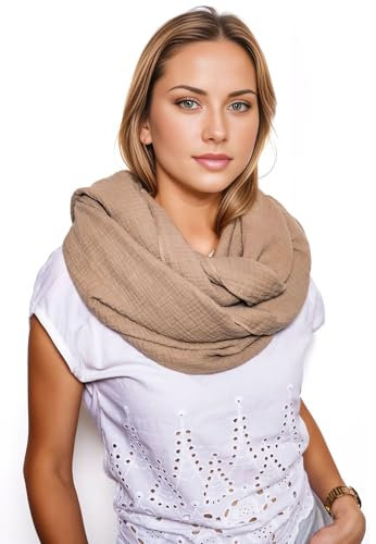 Scandi Linen Musselin Loop Schal Damen, Schlauchschal, Schlauchschal Damen, Musselin Schal Damen, Loop Schal Damen Sommer Leicht, Loop Schal (Beige)