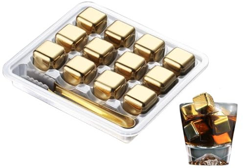 Anlising 12PCS Stainless Steel Ice Cube Tray, Golden, Set of 12 Ice Cubes, Ice Tong & Tray, Reusable, for Wine, Vodka, Liqueur, Beverage Juice