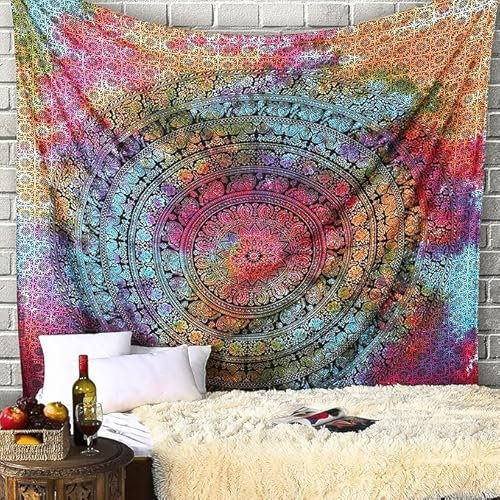 Craft Trade Mandala Mehrfarbig Wandteppich Indische Wandtuch Tapestry Wandbehang Boho Wandteppiche für Heimdeko Wohnzimmer und Schlafzimmer - 127 x 152 cm
