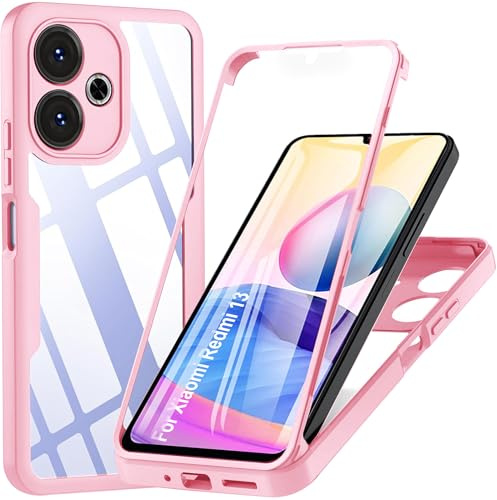 BOKYAS 360 Grad Hülle für Xiaomi Redmi 13 (4G/5G)/Poco M6 4G/M6 Plus 5G Crystal Anti-Gelb Case, Ganzkörper Stoßfeste Handyhülle mit eingebauter Displayschutzfolie, Silikon Bumper Schutzhülle, Rosa