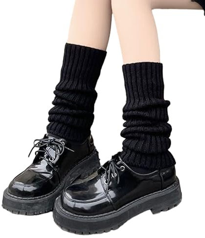 Japanese Style Knit Leg Warmers - Stylish Long Boot Socks for Winter, Yoga, Ballet, Dance & Ice Skating - Ladies 80's Plain Ribbed Legwarmers - Black