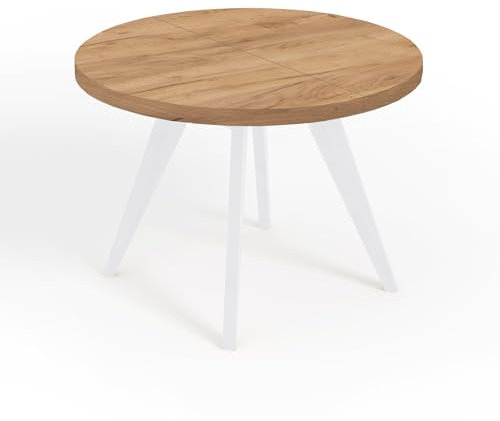 Dekori Möbel Runder Ausziehbarer Tisch für Esszimmer mit Holzbeinen, LORA, Loft-Stil, Skandinavische, Durchmesser Varianten: von 90 bis 220 cm (Eiche Craft Golden/Weiß, Durchmesser: 100/150 cm)