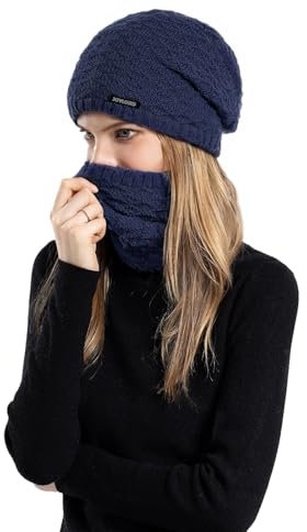 Djfkey Wintermütze Strickmütze mit scarf Damen Herren Warme Mütze Beanie Herbst Winter Schal und Mütze Set 54-60CM Damenmützen (Standard, dunkelblau)