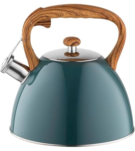 Tetera FLORINA (2,5 l) | Tetera de Acero Inoxidable FRANK | Tetera Flauta Mango de Madera | Silbato Automático | Para Estufa de Inducción, Estufa de Gas y Estufa Eléctrica | Color: verde oscuro mate